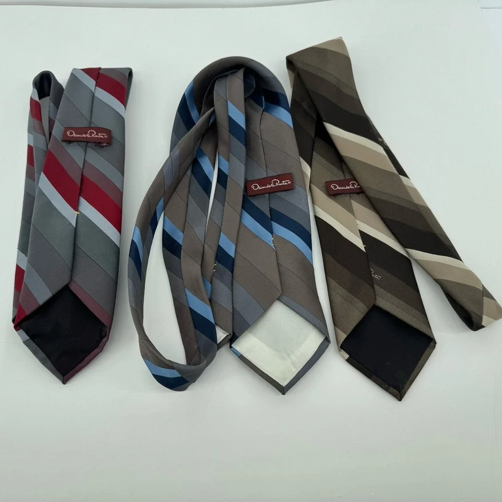 Oscar De La Renta Silk Tie Lot of 3 Striped Brown Red Blue 56
